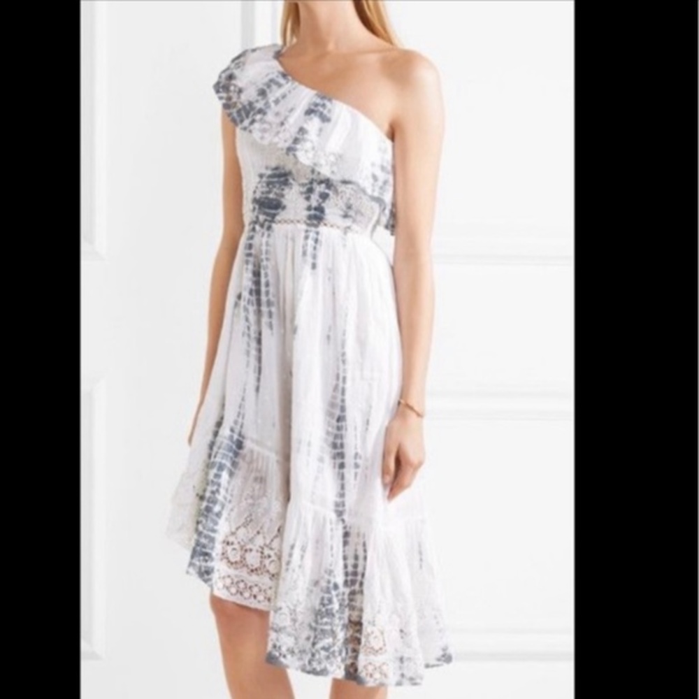 LoveShackFancy Asymmetrical White and Blue Dress